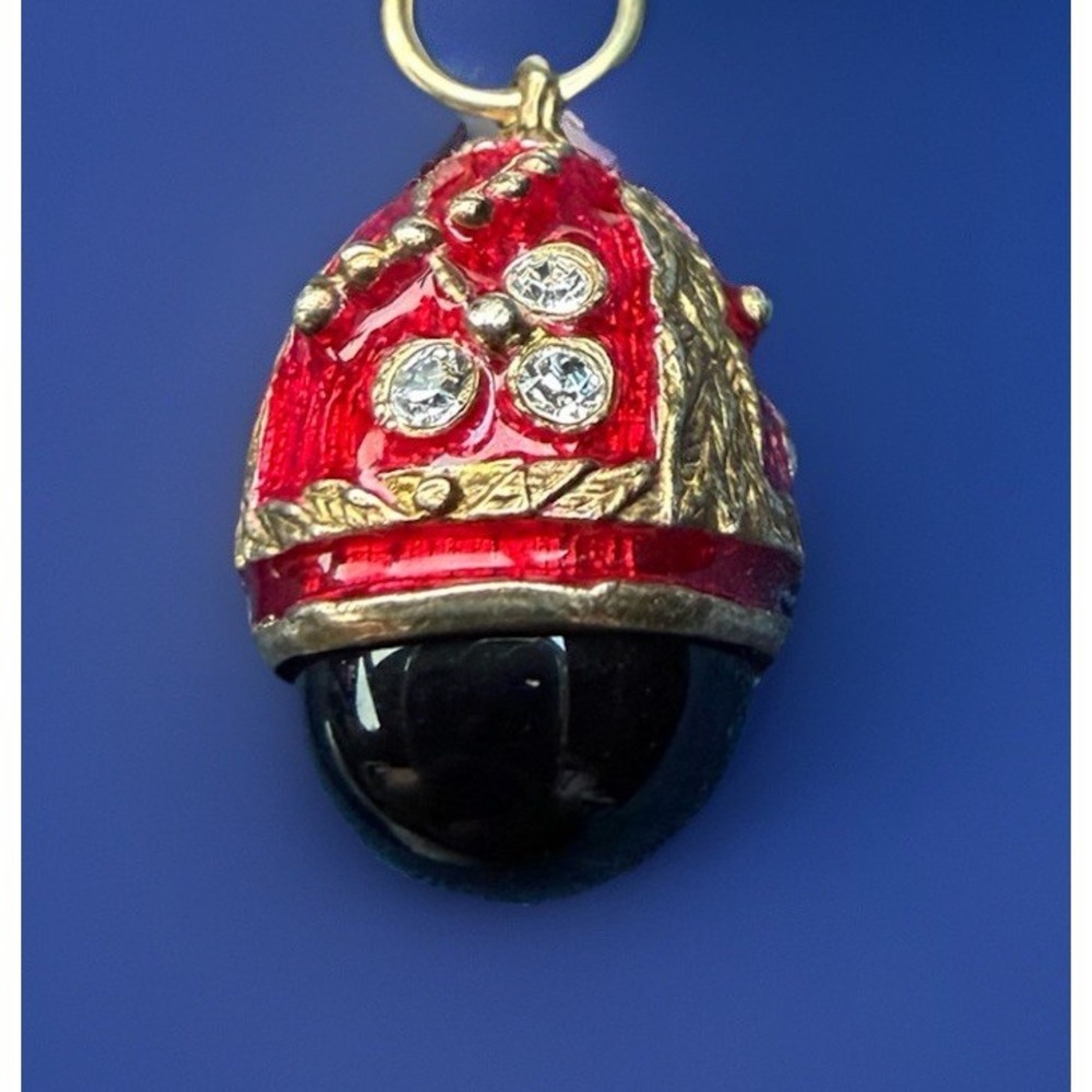 Italian 925 Sterling Russian-style Egg Pendant Necklace Red Enamel CZ Italy - Picture 2 of 6